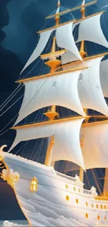 Majestic sailing ship under a stormy sky on mobile wallpaper.