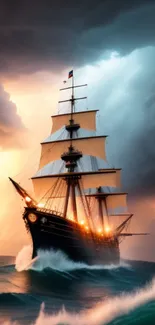 Majestic ship sails through stormy seas under luminous clouds.