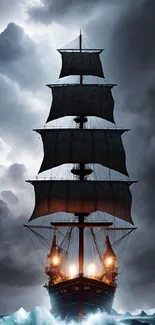 A majestic tall ship sails through stormy seas under dramatic clouds.