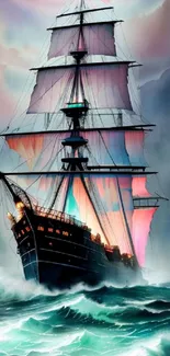 A majestic ship with colorful sails battling stormy ocean waves.