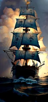 A majestic sailing ship navigates stormy seas under dramatic clouds.