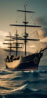 A majestic ship sails through the ocean at sunset, creating a serene and captivating scene.