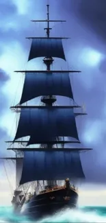 A majestic ship sails through a stormy sea under a dramatic, cloudy sky in this wallpaper.