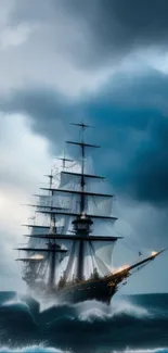 Majestic ship battling waves under stormy skies, perfect for mobile wallpaper.