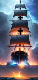 Majestic ship sailing through a lightning storm over a vibrant ocean.