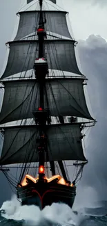 Majestic tall ship navigating stormy seas with dramatic clouds.