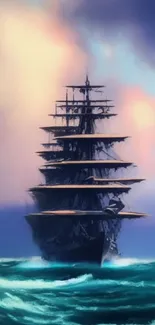 Majestic sailing ship on stormy ocean with cloudy sky background.