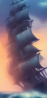 Majestic ship sails at sea against a vibrant sunset sky.