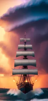 Majestic ship sailing through stormy seas at sunset.