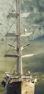 Majestic sailing ship on open sea under a dramatic gray sky.