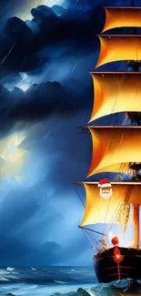 Sailing ship with golden sails under a stormy blue sky.