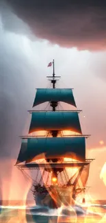 Majestic ship sailing through stormy sea during vibrant sunset.