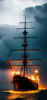 Majestic ship sailing under stormy skies with glowing lights on the ocean.