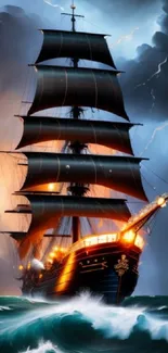 Majestic ship sailing through stormy seas with dramatic lighting.