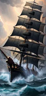 Mobile wallpaper of a majestic ship sailing through stormy seas and crashing waves.