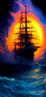 Majestic ship sailing at sunset with vibrant colors and ocean waves.