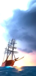 Majestic ship sailing under dramatic sky at sunset.