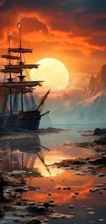 Majestic ship sailing at sunset with fiery orange sky reflection.