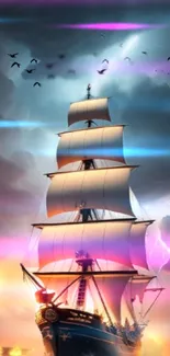 Majestic ship with colorful sails against a vibrant sunset sky.