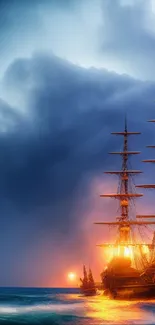 Majestic ship sailing at sunset with a fiery sky and ocean waves.