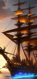 Majestic ship with glowing sails at sunset over the ocean.