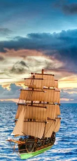 Sailing ship on the ocean at sunset, with vibrant sky and clouds.