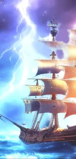 Majestic sailing ship amidst a storm with lightning and vivid blue hues.