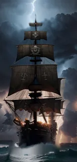 Majestic ship in a stormy sea with lightning strikes.