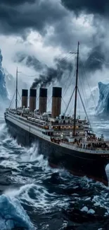 Majestic ocean liner in icy Arctic waters with towering icebergs.
