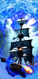 Majestic ship in blue aura with stormy sky background.