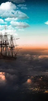 Vintage ship sails through moonlit, clouded sky.