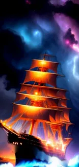 Majestic ship sailing through a vibrant cosmic storm, blending celestial colors.