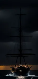 Majestic ship sailing in dark waters with dramatic sky.