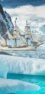 Majestic ship sailing through icy blue waters with snow-capped mountains.