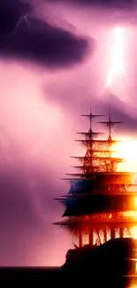 Majestic ship amid a lightning storm in a purple night sky.