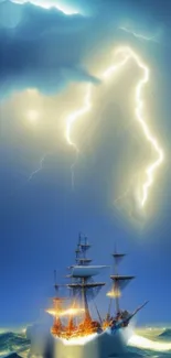 Ship battling storm with lightning in vibrant blue hues.