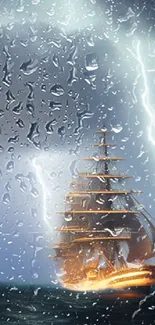 Majestic ship sailing through a storm with lightning and dark clouds.