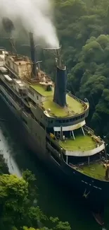 Wallpaper of a ship cruising through a lush jungle river.