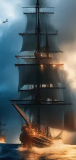 Majestic tall ship sails through a dramatic ocean sunset with glowing clouds.