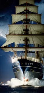 Tall ship navigating through a dramatic thunderstorm over the ocean.