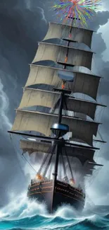 Majestic sailing ship in stormy seas with dynamic clouds.