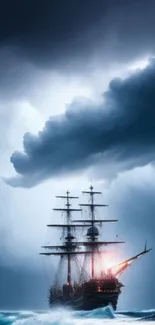 Majestic ship sailing through a storm with dramatic lightning.