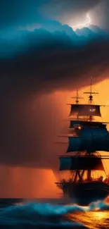 Majestic ship in a storm with lightning and dark ocean waves.