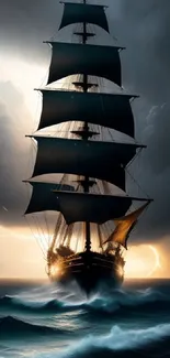 Majestic sailing ship in stormy seas against dark clouds.