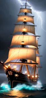 A majestic ship sails through a stormy sea, illuminated by dramatic lightning.