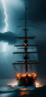 Majestic ship navigates stormy seas under lightning.