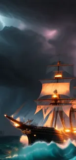 Majestic ship sailing in a stormy sea with dramatic lightning.