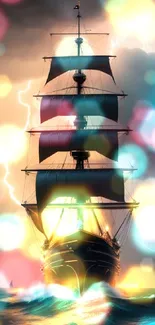 Majestic ship sailing through a storm with lightning strikes in the background.