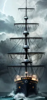 A ship sailing through a stormy sea with dark clouds and lightning, dramatic and majestic.