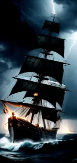 Majestic ship sails through a fierce storm with lightning illuminating the scene.